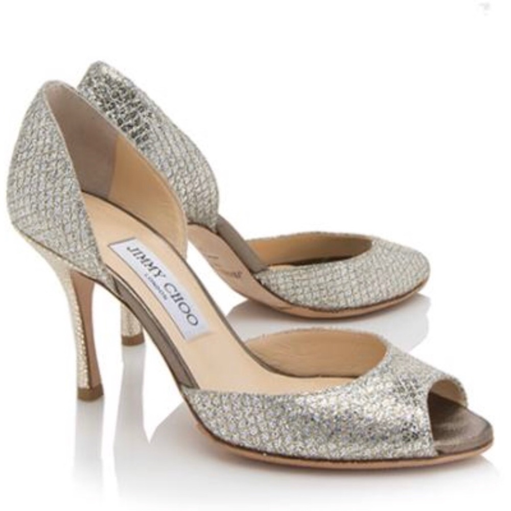 Jimmy Choo Logan Peep Toe Heels in Silver Lamé